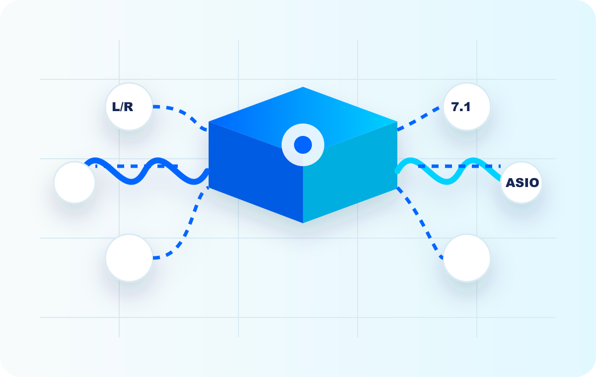 3D virtual audio routing chip with waveform paths, endpoints, and blue signal lines
