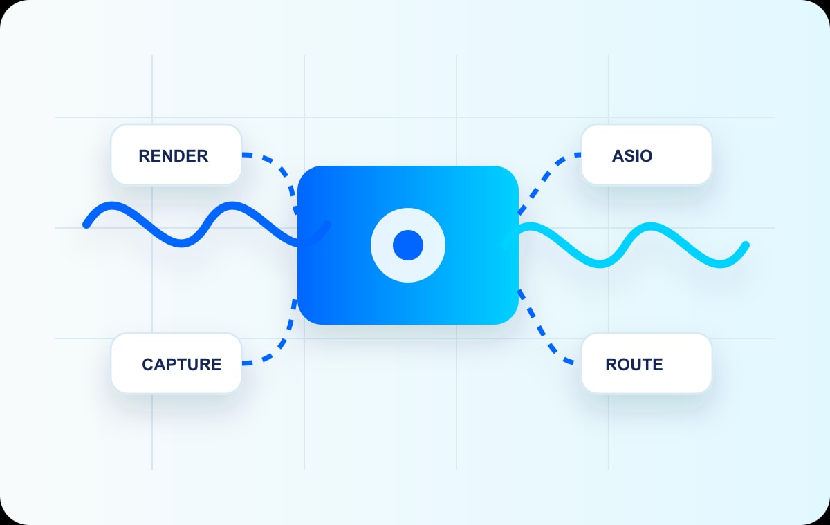 Virtual audio driver visual with waveform routing, endpoints, and signal nodes